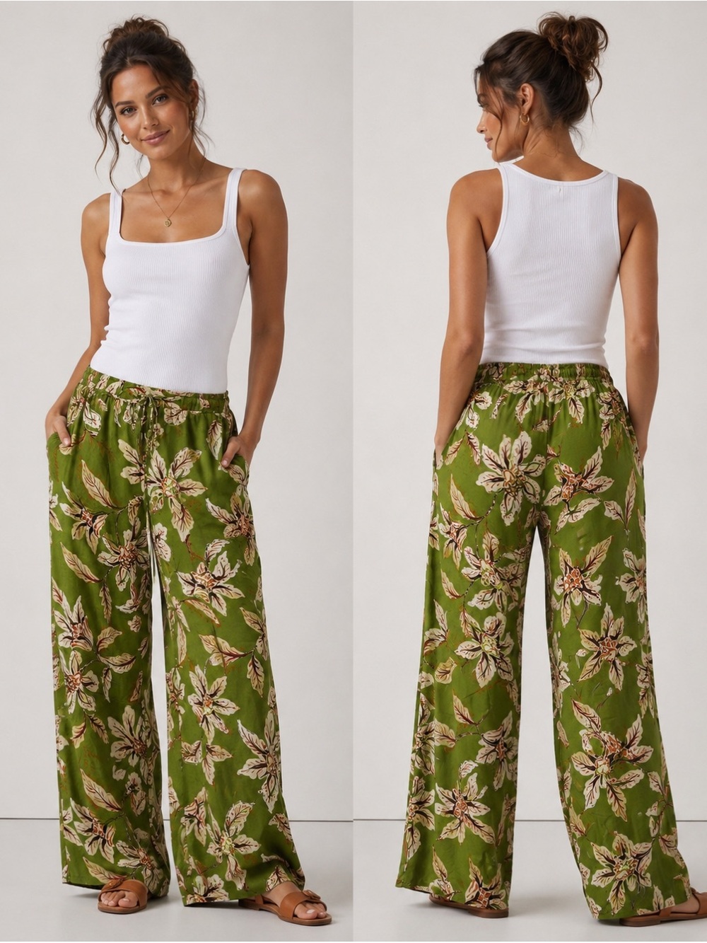 Line & Dot Olive Green Floral Wide-Leg Pants Size Small